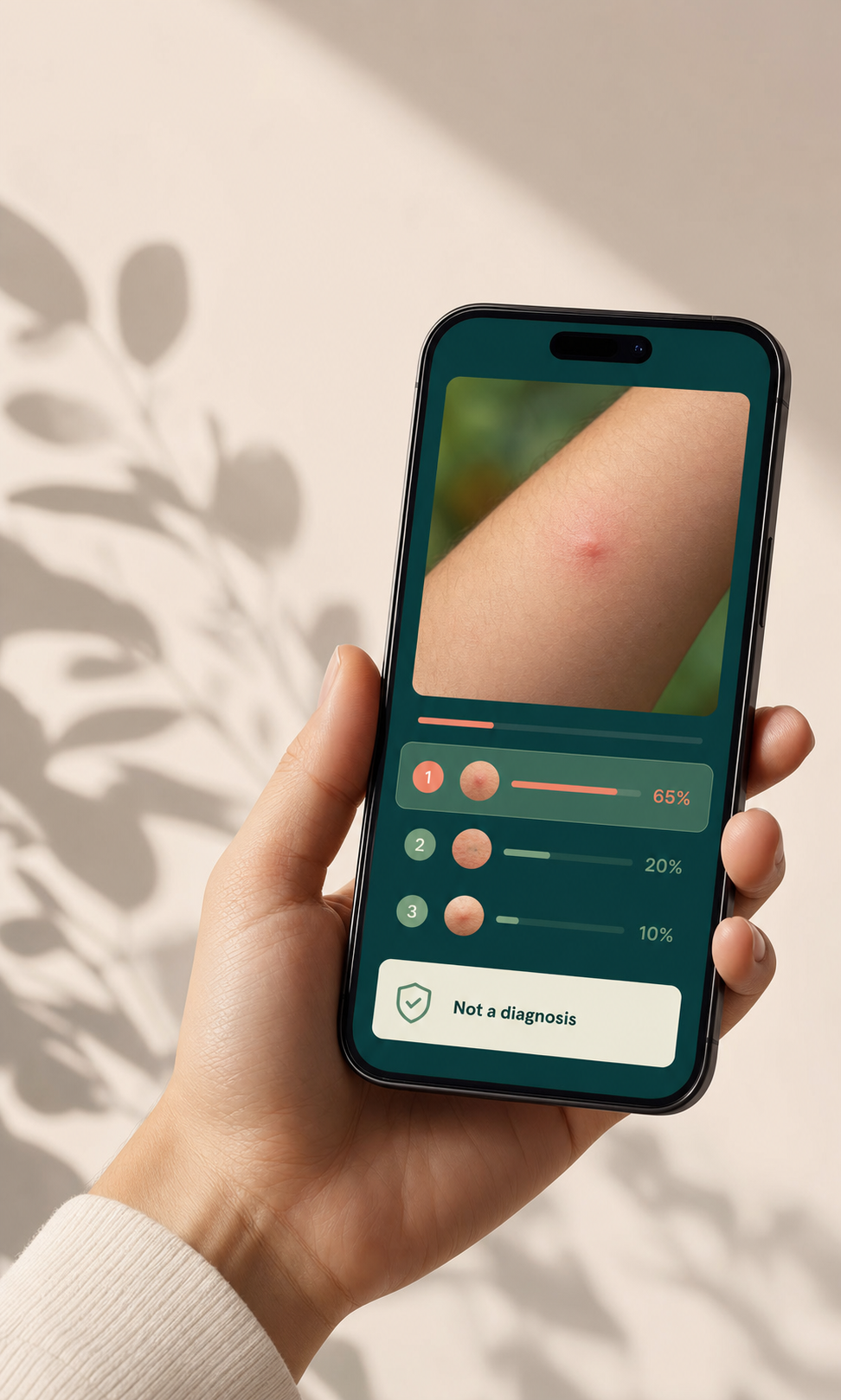 Bug Bite Identifier app preview showing a photo analysis with a not-a-diagnosis safety notice