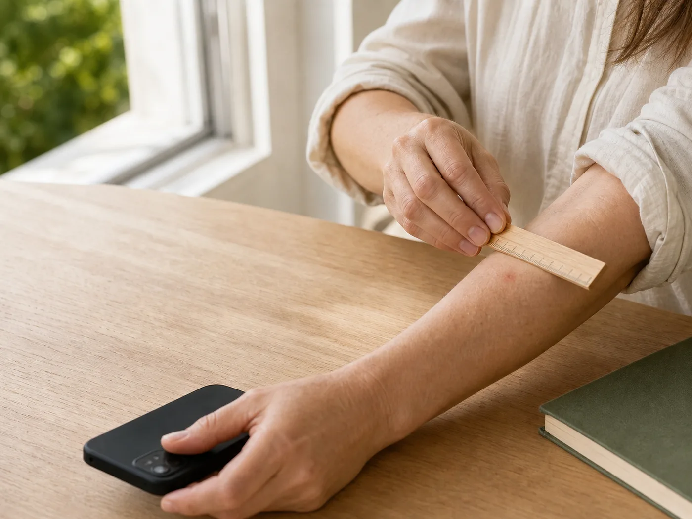 Hands holding a small wooden ruler beside a mark on a forearm, next to a phone and a notebook
